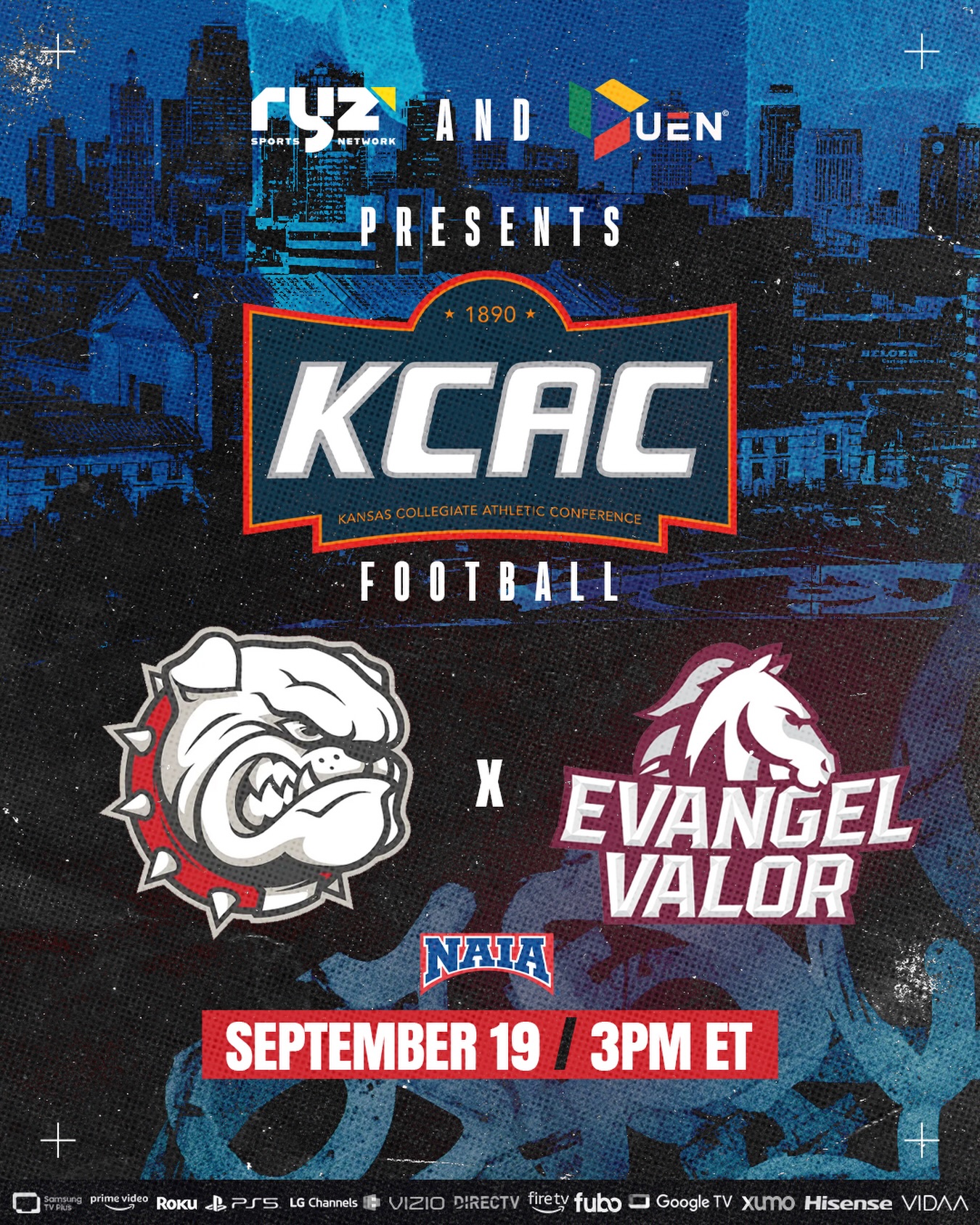 @playnaia UNBEATEN. RANKED. READY TO COLLIDE. 🏈🔥

A Top-20 NAIA showdown takes center stage Saturday as No. 17 Evangel heads to Kansas to battle No. 18 McPherson, with both teams putting perfect 3-0 records on the line.

The Valor bring the firepower. The Bulldogs bring the No. 1 defense in the NAIA. Something has to give. 

🏈 No. 17 @evangel_fb 🆚 No. 18 @macbulldogsfb 
📅 Saturday, September 19
⏰ 3PM ET
📺 LIVE on Ryz Sports Network

WATCH LIVE and FREE on Ryz Sports Network! Our channel is available on Amazon Prime (and Live on Linear), Amazon Fire, Sony PS5, DIRECTV, Google TV, Roku, LG Channels, Samsung TV Plus, VIZIO WatchFree+, Fubo or Xumo!

#football #collegefootball #cfb #naiafootball #gameday