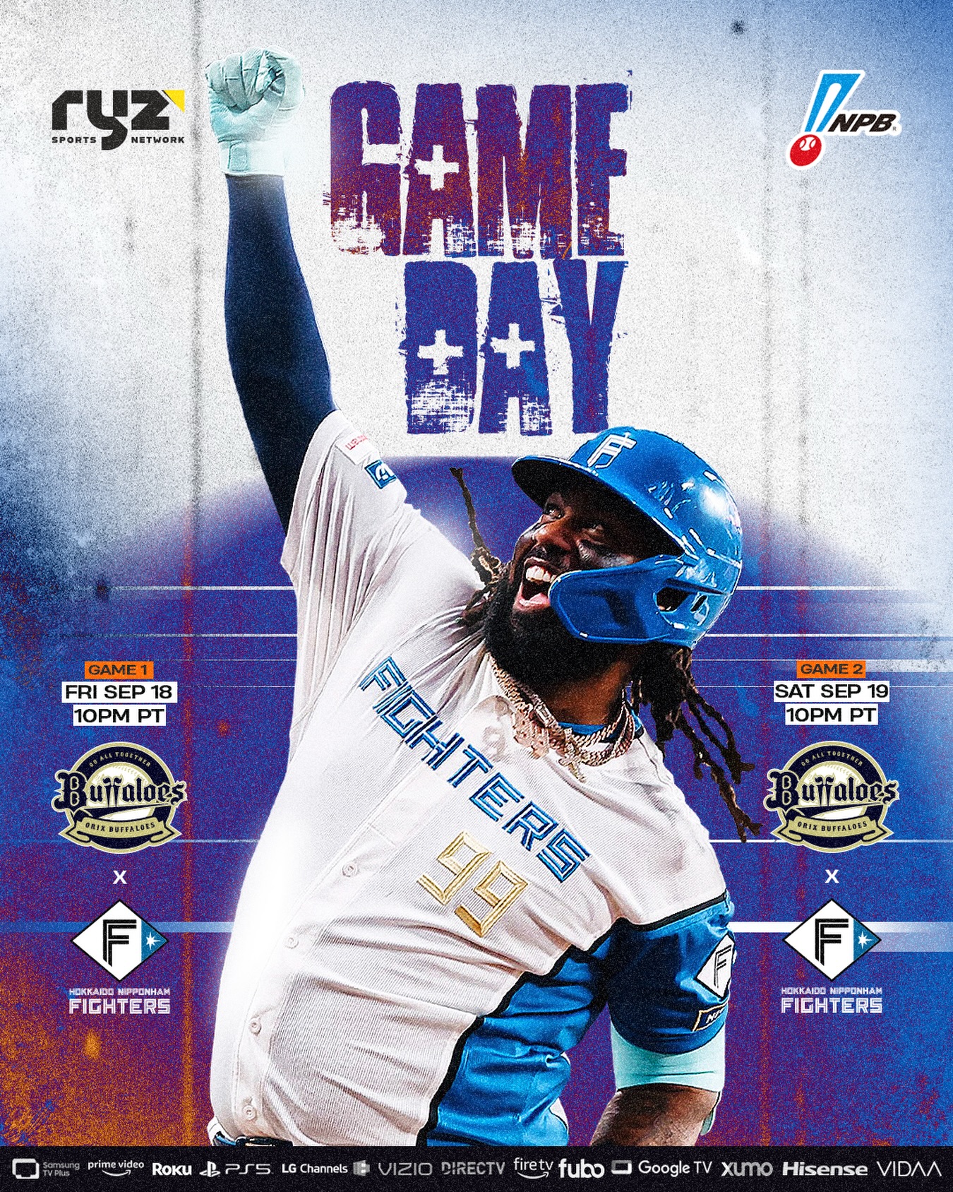 Late night NPB is back on Ryz Sports Network! ⚾🔥🇯🇵

The postseason race is heating up in Japan as the Hokkaido Nippon-Ham Fighters welcome the ORIX Buffaloes to ES CON FIELD for back-to-back Pacific League battles!

The Fighters are fighting for position near the top of the standings — and ORIX is coming to Hokkaido looking to play spoiler. 👀

⚾ @orix_buffaloes 🆚 @fighters_official 
🗓️ Friday, Sept. 18 | 10 PM PT
🗓️ Saturday, Sept. 19 | 10 PM PT
📺 LIVE on Ryz Sports Network

Stay up late and catch the action from Japan LIVE on Ryz Sports Network! 🇯🇵⚾

WATCH LIVE and FREE on Ryz Sports Network! Our channel is available on Amazon Prime (and Live on Linear), Amazon Fire, Sony PS5, DIRECTV, Google TV, Roku, LG Channels, Samsung TV Plus, VIZIO WatchFree+, Fubo or Xumo!

#NPB #baseball #japan #homerun #japanese