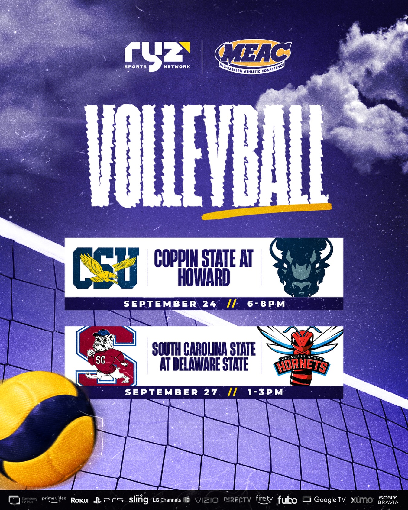 @meacsports Volleyball is LIVE on Ryz Sports Network! 🏐🔥

Conference play is here and we’ve got two MEAC matchups coming your way!

🏆 TONIGHT | 6 PM ET
@coppinstatevb at @howardvolleyball 
The defending MEAC champs roll into D.C. on a 7-match winning streak for a rematch of last year’s MEAC Championship. 👀

🔥 SUNDAY | 1 PM ET
@scstatewvb at @delawarestatevb
The Bulldogs head to Dover to battle a Delaware State squad entering MEAC play with the conference’s best overall record.

Two conference clashes. One place to watch.

📺 LIVE on Ryz Sports Network

WATCH LIVE and FREE on Ryz Sports Network! Our channel is available on Amazon Prime (and Live on Linear), Amazon Fire, Sony PS5, DIRECTV, Google TV, Roku, LG Channels, Samsung TV Plus, VIZIO WatchFree+, Fubo or Xumo!

#volleyball #ncaa #ncaavolleyball #womenssports #vb