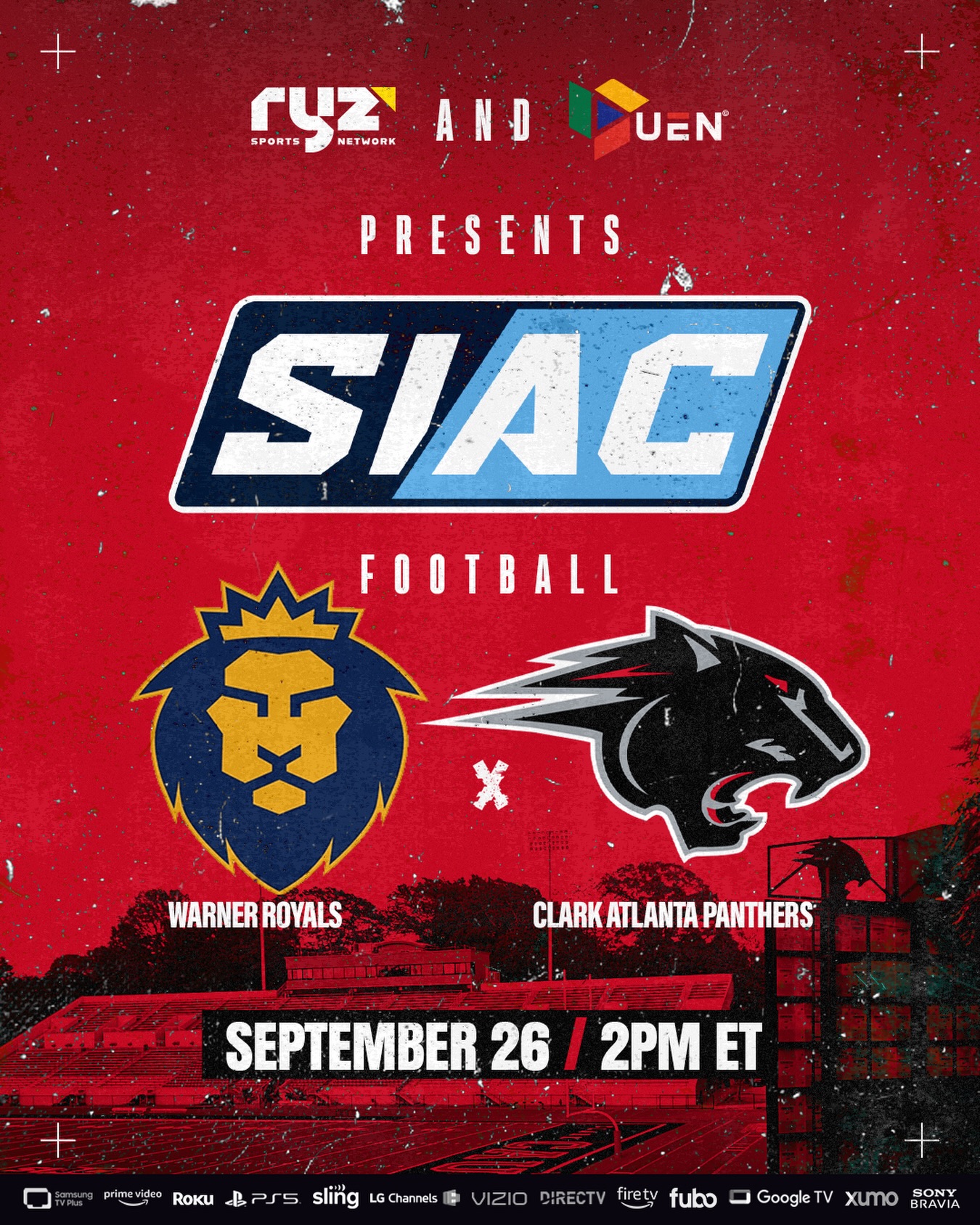 @thesiac football hits Ryz Sports Network! 🏈🔥
Saturday afternoon in Atlanta — the Clark Atlanta Panthers defend home turf as the Warner Royals roll into CAU Panther Stadium!
The Panthers are looking to get back in the win column, while Warner comes to Atlanta hungry for its first victory of the season.
👑 @warneru_football at @clarkatlantafb 🐾
📅 TODAY — September 26
⏰ 2 PM ET
📍 CAU Panther Stadium | Atlanta, GA
📺 LIVE on Ryz Sports Network
Watch LIVE and FREE on Ryz Sports Network! Our channel is available on Amazon Prime (and Live on Linear), Amazon Fire, Sony PS5, DIRECTV, Google TV, Roku, LG Channels, Samsung TV Plus, VIZIO WatchFree+, Fubo or Xumo!
#football #collegefootball #cfb #ncaafootball #ncaa