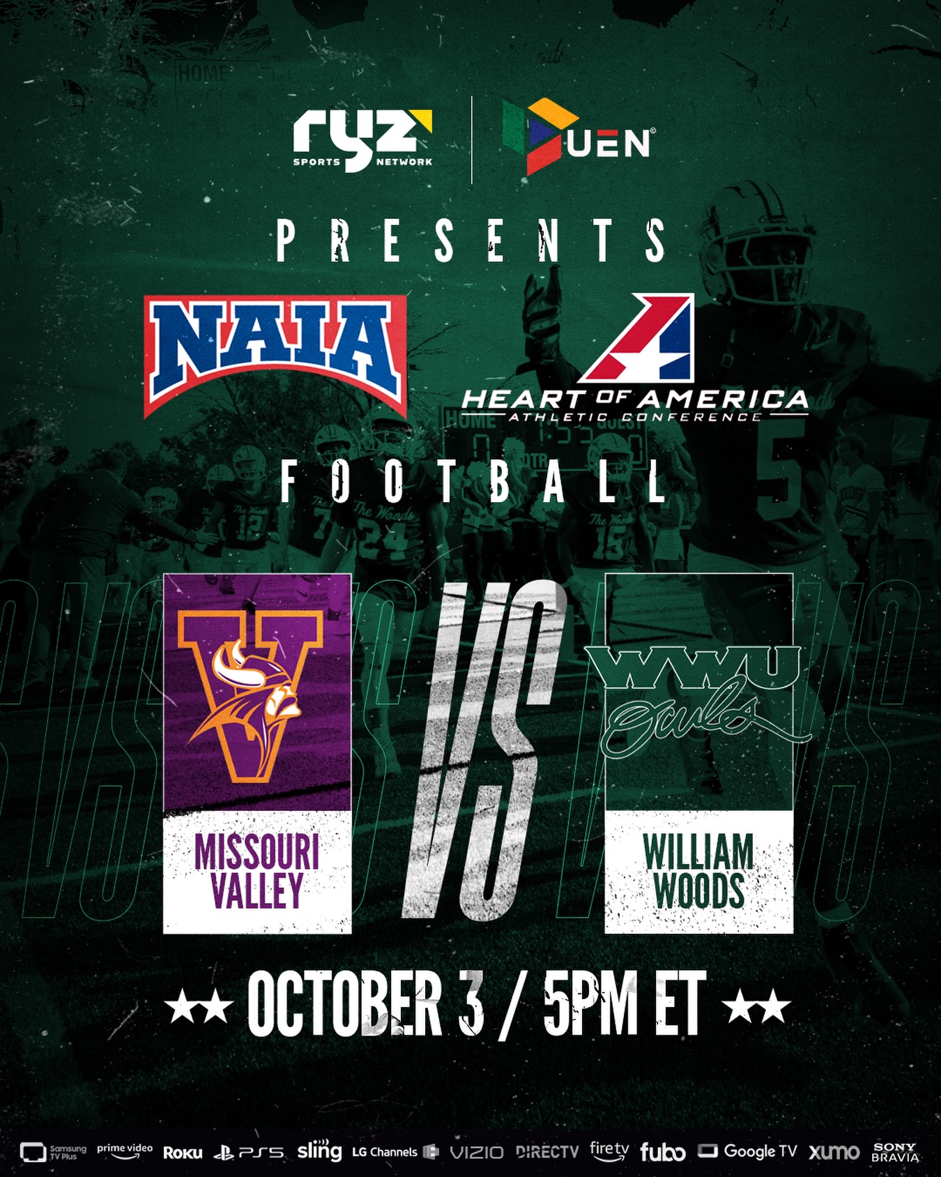 @playnaia football // A Heart of America showdown hits Fulton as Missouri Valley @mvu.football battles William Woods @wwuowlsfb this afternoon on Ryz Sports Network!
The Owls enter 3-2 and riding THREE straight wins, while the Vikings arrive fresh off a dramatic last-second victory of their own.
And if last year was any indication… buckle up. 👀
William Woods erased a big halftime deficit to steal a 36-35 thriller from Missouri Valley in their last meeting.
⚔️ Missouri Valley at William Woods 🦉
🕔 5 PM ET
📺 LIVE on Ryz Sports Network
Heart football. Saturday afternoon. Let’s ride. 🔥
Watch LIVE and FREE on Ryz Sports Network! Our channel is available on Amazon Prime (and Live on Linear), Amazon Fire, Sony PS5, DIRECTV, Google TV, Roku, LG Channels, Samsung TV Plus, VIZIO WatchFree+, Fubo or Xumo!
#football #naia #cfb #naiafootball #collegefootball