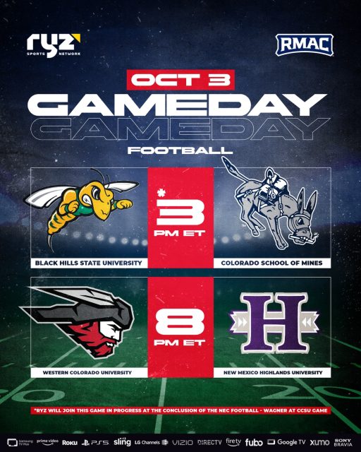 @rmac_sports Football comes through swinging on Ryz Sports Network with two games TODAY! 🏈🔥
Two conference showdowns. Two Homecoming battles. One Saturday on Ryz Sports Network!
🐝 Black Hills State at Colorado School of Mines
🕗 Starts ~3PM ET*
🗒️BHSU brings a 4-1 record into Golden to battle an Orediggers squad riding back-to-back wins.
🔥 #7 Western Colorado at New Mexico Highlands
🕗 Starts 8PM ET
🗒️The undefeated 5-0 Mountaineers roll into Las Vegas after dropping 70 points last week, and the Cowboys are waiting on their Homecoming stage.
**Ryz joins the BHSU vs Mines action in progress following Wagner at CCSU, expected around 3PM ET.
Watch LIVE and FREE on Ryz Sports Network! Our channel is available on Amazon Prime (and Live on Linear), Amazon Fire, Sony PS5, DIRECTV, Google TV, Roku, LG Channels, Samsung TV Plus, VIZIO WatchFree+, Fubo or Xumo!
#football #RMAC #cfb #ncaafootball