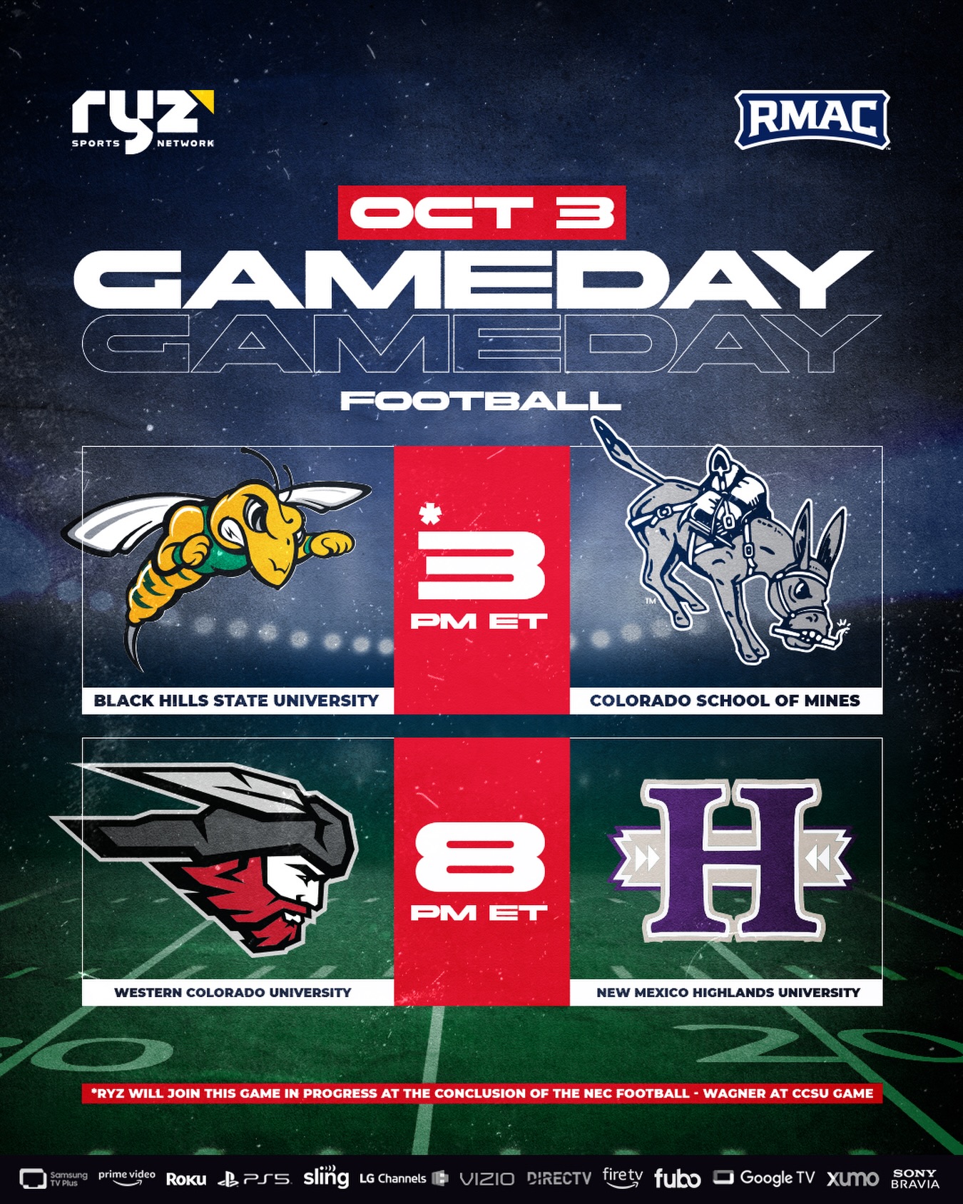 @rmac_sports Football comes through swinging on Ryz Sports Network with two games TODAY! 🏈🔥
Two conference showdowns. Two Homecoming battles. One Saturday on Ryz Sports Network!
🐝 Black Hills State at Colorado School of Mines
🕗 Starts ~3PM ET*
🗒️BHSU brings a 4-1 record into Golden to battle an Orediggers squad riding back-to-back wins.
🔥 #7 Western Colorado at New Mexico Highlands
🕗 Starts 8PM ET
🗒️The undefeated 5-0 Mountaineers roll into Las Vegas after dropping 70 points last week, and the Cowboys are waiting on their Homecoming stage.
**Ryz joins the BHSU vs Mines action in progress following Wagner at CCSU, expected around 3PM ET.
Watch LIVE and FREE on Ryz Sports Network! Our channel is available on Amazon Prime (and Live on Linear), Amazon Fire, Sony PS5, DIRECTV, Google TV, Roku, LG Channels, Samsung TV Plus, VIZIO WatchFree+, Fubo or Xumo!
#football #RMAC #cfb #ncaafootball