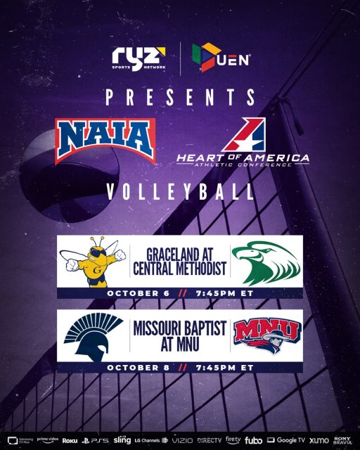 @playnaia volleyball is live on Ryz Sports Network 🏐🔥

Two nights. Two conference battles. NAIA Volleyball takes center stage on Ryz Sports Network!

🐝 TONIGHT — Graceland at Central Methodist
🕗 Coverage starts 7:45 PM ET 
🔥 THURSDAY — Missouri Baptist at MidAmerica Nazarene
🕗 Coverage starts 7:45 PM ET 
Two nights of Heart of America Volleyball, don’t miss out!

Watch LIVE and FREE on Ryz Sports Network! Our channel is available on Amazon Prime (and Live on Linear), Amazon Fire, Sony PS5, DIRECTV, Google TV, Roku, LG Channels, Samsung TV Plus, VIZIO WatchFree+, Fubo or Xumo!

#volleyball  #naia #vb  #naiavolleyball #collegevolleyball