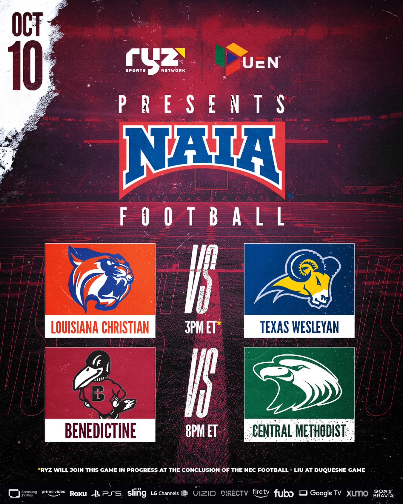 @playnaia football is LIVE on Ryz Sports Network 🏈🔥

We’re already underway with a huge SAC matchup, with another NAIA showdown coming tonight!

🔥 LIVE NOW
Texas Wesleyan at No.16 Louisiana Christian
Two teams that entered the day unbeaten in conference play battling in Pineville.

🐦‍⬛ TONIGHT AT 8PM ET
No.4 Benedictine at Central Methodist
The Ravens bring a five-game winning streak into Fayette for a Heart of America matchup.

Watch LIVE and FREE on Ryz Sports Network! Our channel is available on Amazon Prime (and Live on Linear), Amazon Fire, Sony PS5, DIRECTV, Google TV, Roku, LG Channels, Samsung TV Plus, VIZIO WatchFree+, Fubo or Xumo!

#football #naia #cfb #naiafootball #gameday