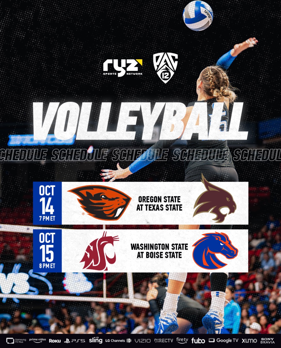 🏐🔥 TWO NIGHTS. FOUR TEAMS. @pac12conference Volleyball on Ryz Sports Network!
🗓️ WEDNESDAY | OCT 14
🏐 Oregon State 🆚 Texas State
⏰ 7:00 PM ET
📺 Ryz Sports Network
🗓️ THURSDAY | OCT 15
🏐 Washington State 🆚 Boise State
⏰ 8:00 PM ET
📺 Ryz Sports Network
Watch LIVE and FREE on Ryz Sports Network! Our channel is available on Amazon Prime (and Live on Linear), Amazon Fire, Sony PS5, DIRECTV, Google TV, Roku, LG Channels, Samsung TV Plus, VIZIO WatchFree+, Fubo or Xumo!
#volleyball #pac12 #vb #ncaavolleyball #collegevb