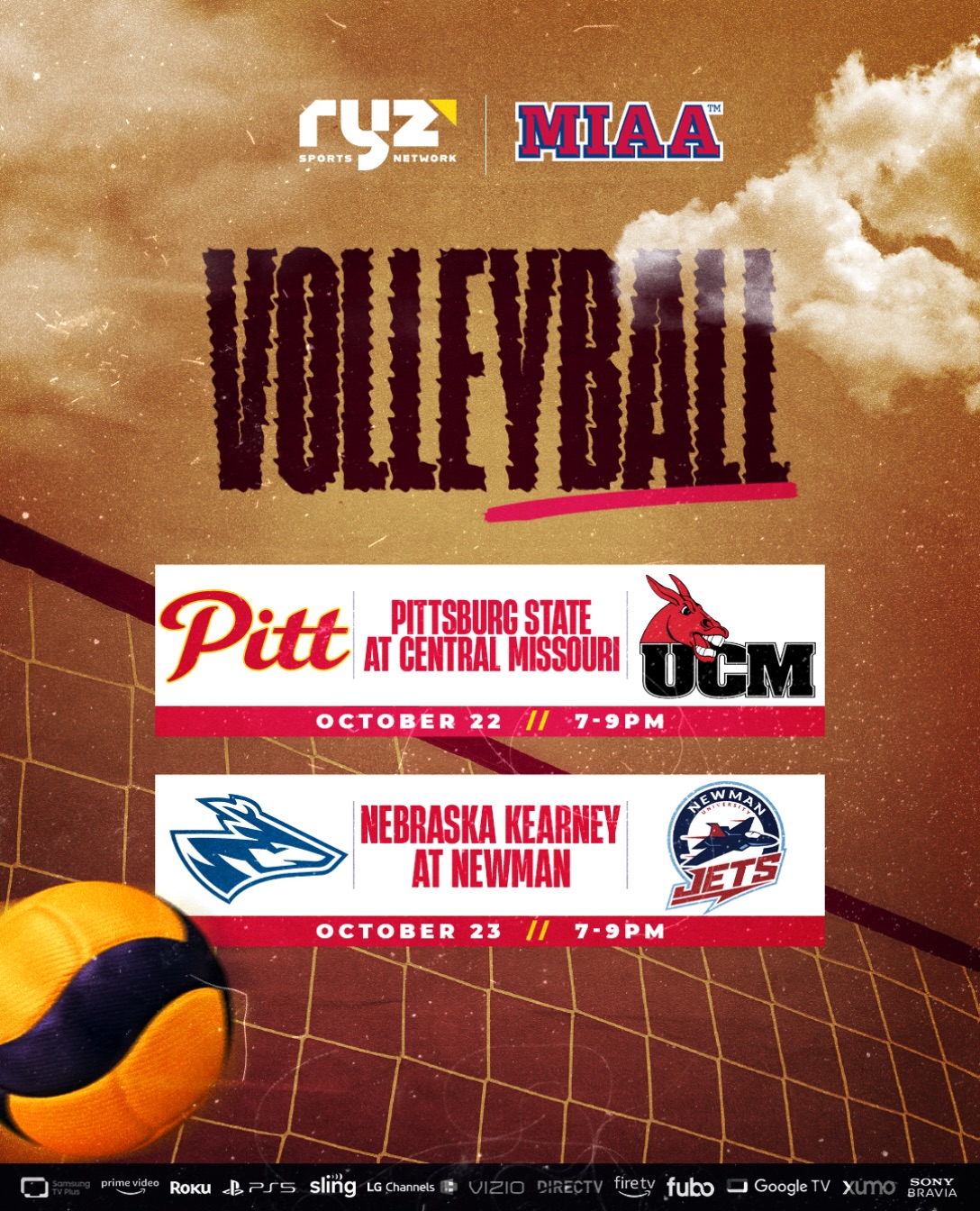 🏐 @themiaanation Volleyball has arrived on Ryz Sports Network!

One of @ncaa Division II’s premier conferences takes center stage, and it starts with two nights of MIAA volleyball!

📅 THURSDAY, OCTOBER 22 | 7 PM ET
Pittsburg State 🆚 Central Missouri

📅 FRIDAY, OCTOBER 23 | 7 PM ET
No. 6 Nebraska Kearney 🆚 Newman

Watch LIVE and FREE on Ryz Sports Network! Our channel is available on Amazon Prime (and Live on Linear), Amazon Fire, Sony PS5, DIRECTV, Google TV, Roku, LG Channels, Samsung TV Plus, VIZIO WatchFree+, Fubo or Xumo!

#volleyball #miaa #vb #ncaavolleyball #collegevb