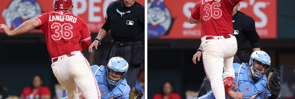 Langford hurdles catcher, Rangers land in first place